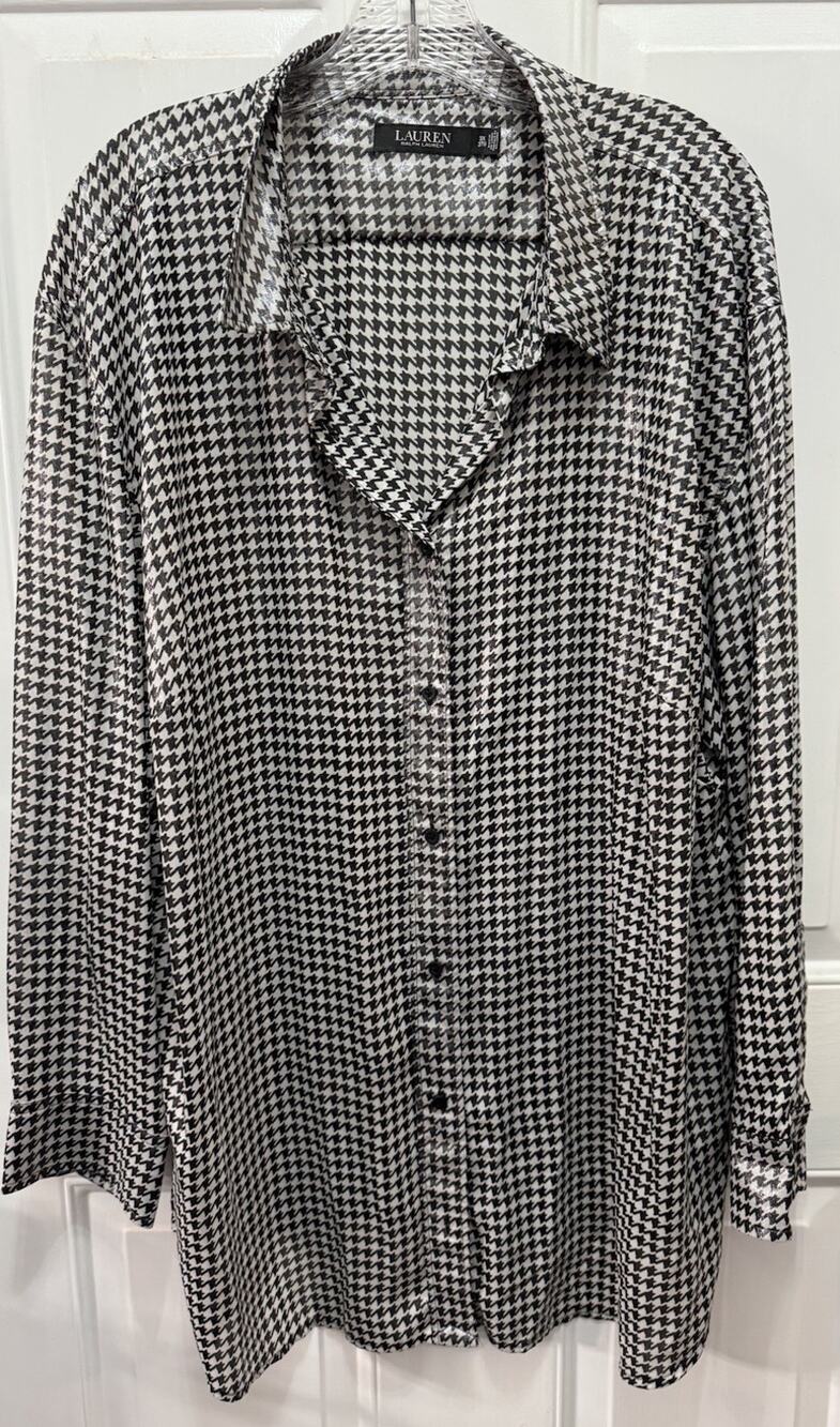 Lauren Ralph Lauren Black Label Shimmery Houndstooth Button Down Blouse Size 3XL